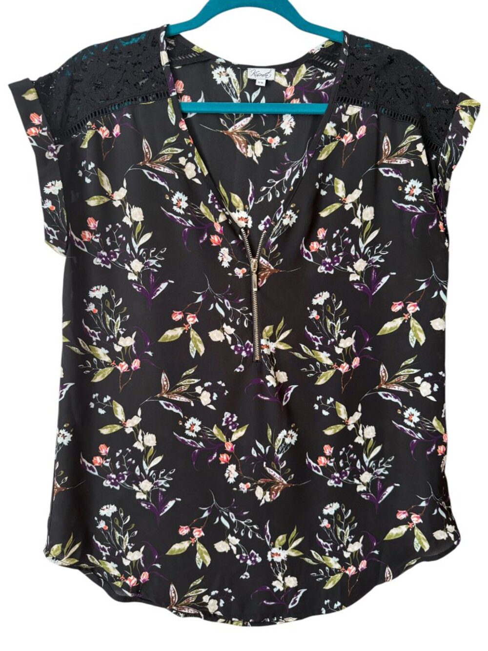 Bootlegger Women's Kismet Black Floral Zipper Front Short Sleeve Top Size Medium